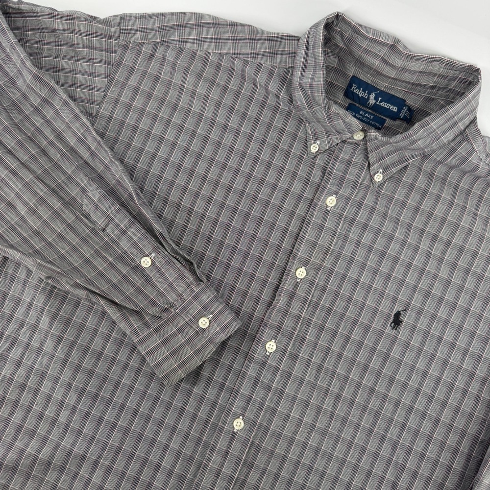 Ralph Lauren Button Down Mens XL Grey Plaid Blake Two-Ply Cotton Long Sleeve